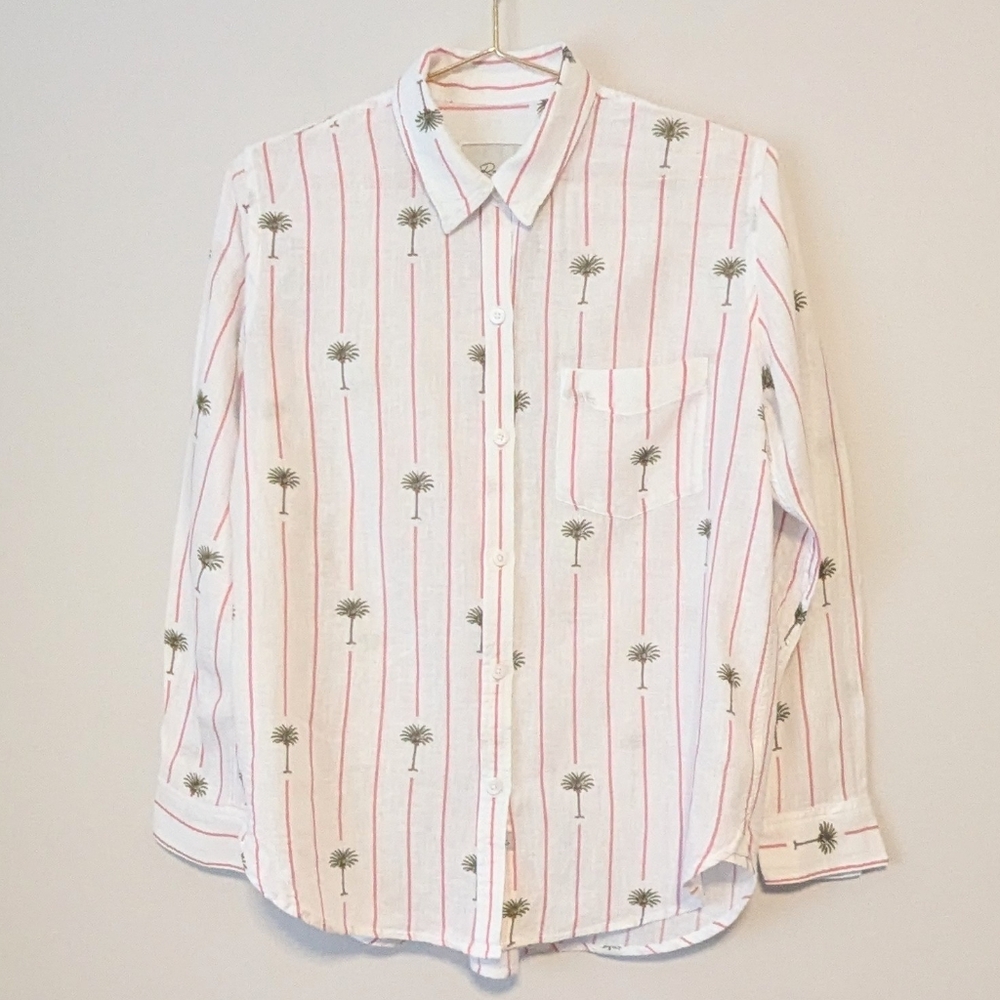 Rails Charli L/S Button Down Linen Shirt In Pink Palm Tree Stripe Size Small EUC - Picture 6 of 10
